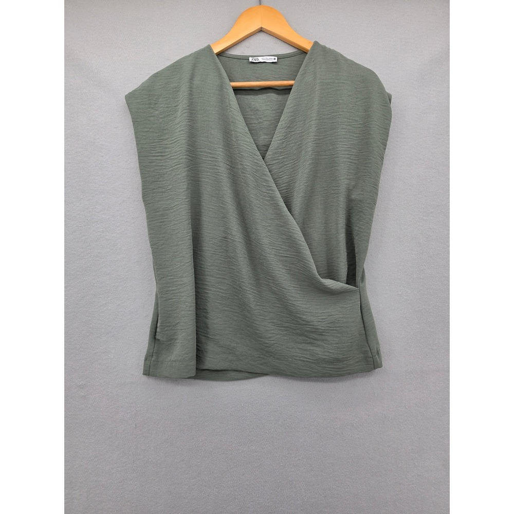 Zara Sage Green Textured Surplice Wrap Top Sleeveless V-Neck Blouse Large L